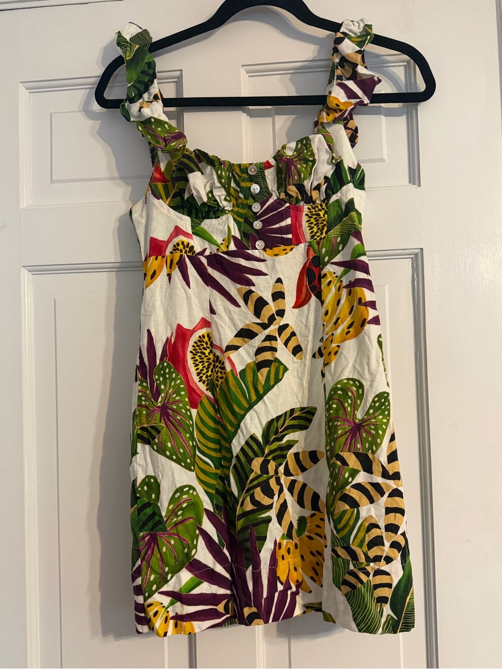 FARM RIO Printed Mini Dress Womens Small White Green Ruffle Strap Sheath SZ XS